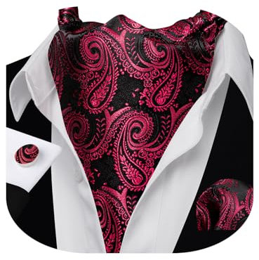 Barry.Wang Herren-Krawatte aus Seide, Paisleymuster, gewebt, Paisleymuster, modisches Ascot und Einstecktuch, Manschettenknöpfe, Set für Hochzeit, formelle Anlässe, Schwarz-rotes Paisleymuster,