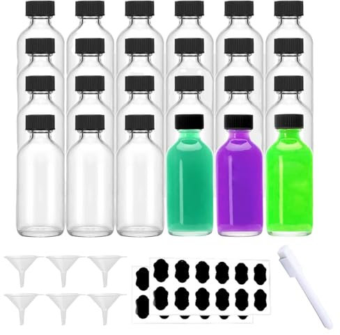 Lot de 24 bouteilles à shot en verre transparent de 60 ml avec 24 couvercles, 6 entonnoirs, 24 étiquettes, 1 stylo, pour jus de gingembre, liqueur, huile essentielle