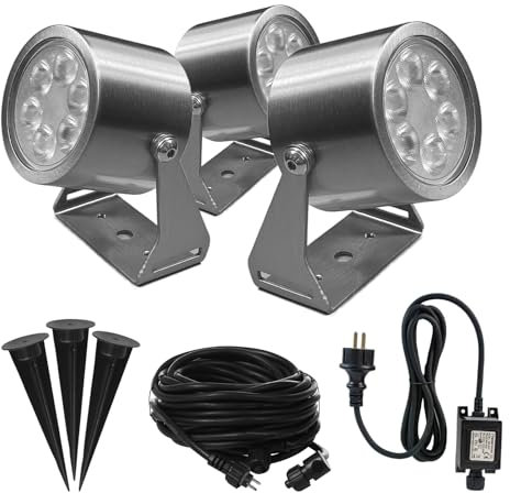JNR Edelstahl LED gartenbeleuchtung mit strom set,IP65 Außen gartenstrahler 3000k Warmweiß Aussen gartenlampe,12V 3.5w 300LM gartenleuchten mit erdspieß für Garten Rasen Weg Teich Yard Baum,Silber