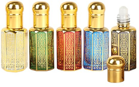 JasCherry 12ml Mini Vintage Essential Oils Roller Bottles, 5PCS Empty Multi-Angle Shaped Glass Rollerball Bottle Roll on Bottles for Travel Perfume Aromatherapy Sample Container
