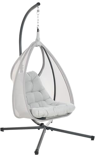 Beliani Hängesessel mit Gestell Hellgrau Mesh Inkl Kissen Modern | Metall, Grau, Sitzhöhe 48 cm, Pulverbeschichtet, Belastbarkeit 160 kg, Für den Außenbereich, 98 x 136 x 195 cm, Rostbeständig