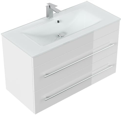 Badmöbel Vitro 1000 mit Glaswaschbecken SoftClose Farbe Weiss hochglanz