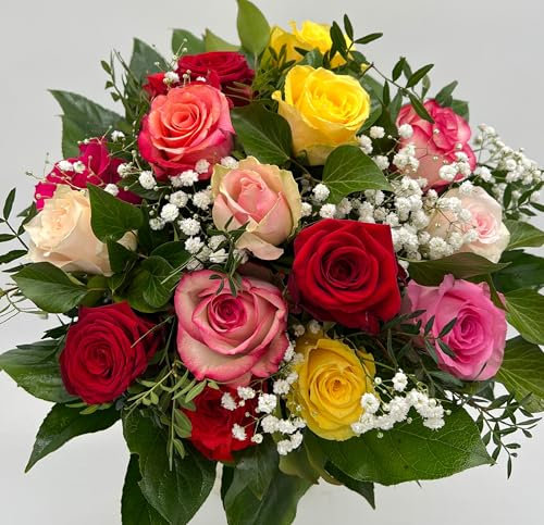 Blumenstrauß mit bunten Rosen, Schleierkraut, Von Floristin handgebunden, lange halten Premiumrosen,Frische Schnittblumen Arrangement (Größe M - 10 Rosen)