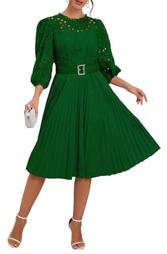 IWFEV Lace Pleated Dress Puff Sleeve Mid-Calf Short Sleeve Midi Hollow Party Evening Dress L Green