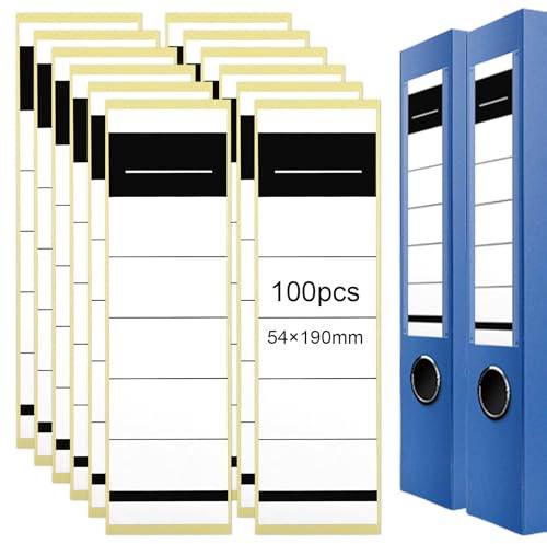 100 Pcs Raccoglitori Autoadesivi, 54 x 190 mm, Autoadesivi, Sottili, per Raccoglitori da 8 cm, Vuoto Etichette Adesive per Faldoni, Etichette per Raccoglitori per Stampanti Laser e Inkjet, Bianco