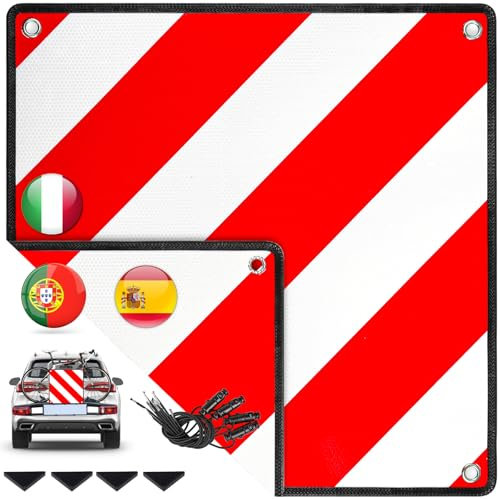 Warmfay® Aluminium Warntafel 3in1 Italien, Spanien & Portugal - inkl. 4x Spanngurte + Schutzecken, 50x50cm Reflektierende Warnschild Rot Weiß für Fahrradträger, Auto, Heckträger, Wohnmobil