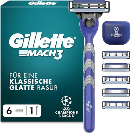 Gillette Mach 3 Standard Rasierer Herren, Metall, Blau/Grau | UEFA Champions League Special Edition, Inkl. 1 Nassrasierer, Reiseschutzkappe, 6 Rasierklingen mit Gleitstreifen