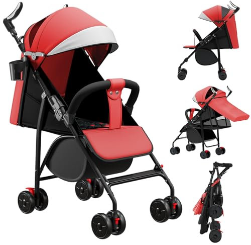 Poussette canne compacte, avec position allongée, de la naissance à 4 ans (Jusqu’à 25 kg), Assis ou couché, Poignée réglable, Landau à 4 roues avec tapis en coton + moustiquaire - 47*72*97CM - Rouge