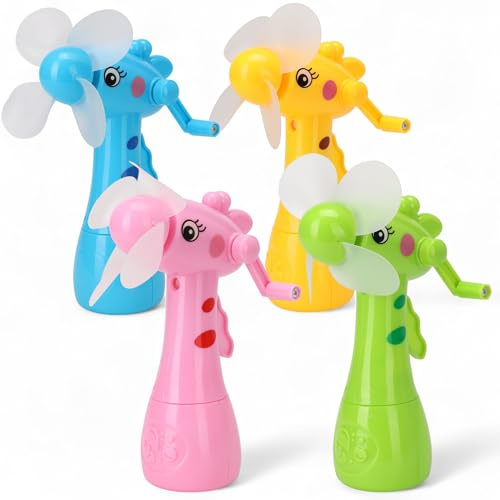 MIJOMA Sprühventilator Giraffe 4er Set – Handventilator mit Kurbel & Wassertank, 2in1 Sprühfunktion, Sommer Gadget für Kinder & unterwegs, 15x10cm, bunt & sicher