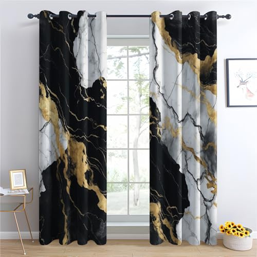 QEODAH Marmor Vorhänge Schwarz Weiß Gold Modern Abstrakt Luxus Verdunklungsvorhänge, Vorhang Blickdicht Gardinen mit Ösen, Schlafzimmer Wohnzimmer Deko, Thermovorhang 2er Set H 137 x B 117 cm