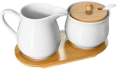 MeYuxg Set Latte e Zucchero, Contiene Zuccheriera Ceramica con Coperchio e Cucchiaino, Lattiera con Vassoio in Legno, Adatto al Microonde e alla Lavastoviglie (Bianco)