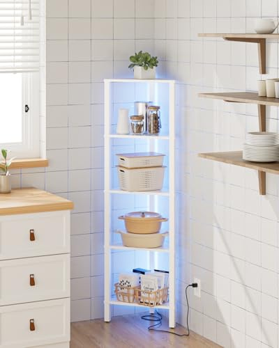 Apetaccat Eckregal mit 5 Ebenen und LED-Beleuchtung, Standregal, dreieckiges Stand-Displayregal, platzsparendes Aufbewahrungsregal für Wohnzimmer, Schlafzimmer, Küche & Bad, Weiß, 37 × 24 × 122 cm