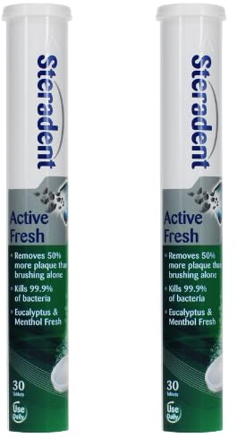 Steradent Active Fresh Denture Cleaning Tablets 60 - Pack of 2 | Removes Stains, Plaque & Tartar | Antibacterial Effervescent Tablets for Dentures, Retainers, Mouth Guards