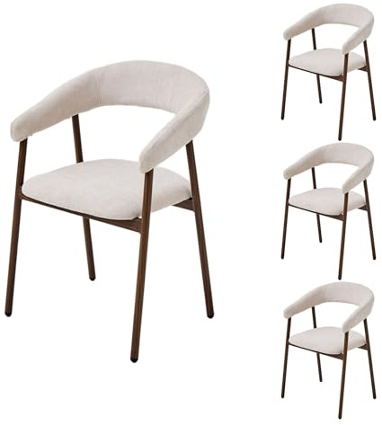PPkrimnel Set De 4 Sillas De Comedor Beige-Color Nogal | Diseño Moderno Ergonómico, Forrado En Chenille, Brazos Y Respaldo Curvo, Piernas Metálicas Efecto Madera, Para Cocina