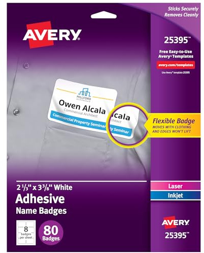 Avery Premium Personalized Name Tags, Print or Write, 2-1/3 x 3-3/8, 80 Adhesive Tags,(25395), White