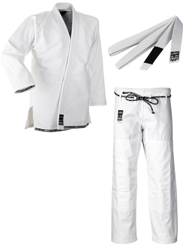 Ju-Sports Fortaleza BJJ Gi Herren weiß + BJJ Gürtel weiß - Leichter & schlank geschnittener Brazilian Jujutsu Anzug für Einsteiger 100% Baumwolle, Verstärkter Kniebereich