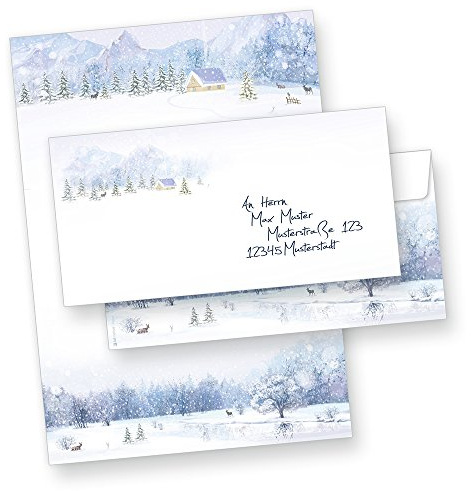 Weihnachtsbriefpapier Weiße Weihnachten 25 Sets | Briefpapier Weihnachten, weihnachtliches Papier DIN A4 90 g/qm, Briefumschläge DIN lang ohne Fenster