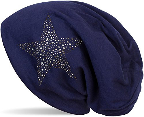 styleBREAKER Damen Beanie Mütze mit Strass Nieten Stern und Schmucksteine Silber-anthrazit, Slouch Longbeanie 04024087, Farbe:Dunkelblau