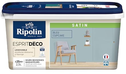 RIPOLIN - Peinture Intérieure Multi-Supports – Murs, Boiseries & Radiateurs – Ultra-Couvrante – Lessivable – Application Facile – Ecolabel - Satin - 2,5L - Bleu Cupcake