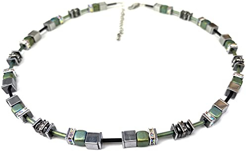 Handgemachte Edelstein-Würfel-Kette mit verschiedenen Hämatit und Strass Perlen, Edelstahl Verschluss Unikat