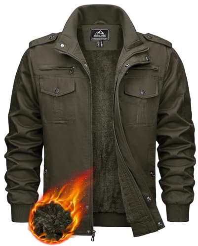 KEFITEVD Hombres Invierno Chaquetas de lana Chaqueta de Trabajo Cálido a Prueba de Viento Multi Bolsillos Abrigo,Verde Militar,XXL