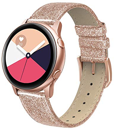 EDIMENS Genuine Leather Band Compatible for Samsung Galaxy Watch 4 Band 40mm 44mm, 20mm Genuine Leather Slim Replacement Bands for Galaxy Watch 4 Classic Band 42mm 46mm Women Men, Glitter Rose Gold