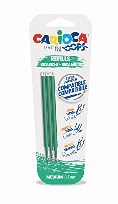 CARIOCA Ricariche per Penna Cancellabile OOPS, 3 pezzi, Inchiostro Termosensibile Verde, Punta Fine 0,7 mm, Compatibili con Penne OOPS