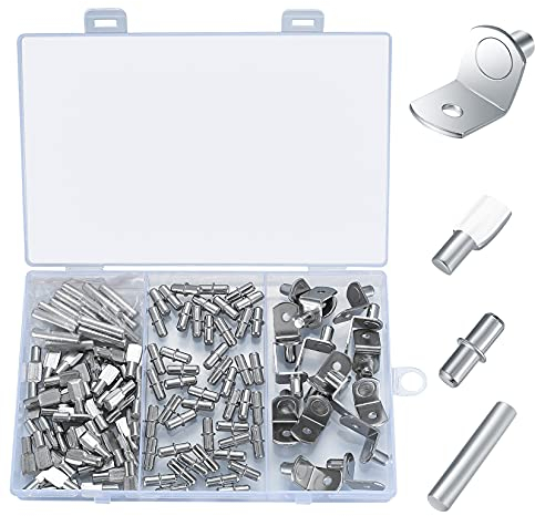 128 Stück Regalstifte in 4 Art, Bücherregal Supportt Vernickelt Regalträger 5mm 6mm Regalträger aus Metall für Möbel Schrank Kommode