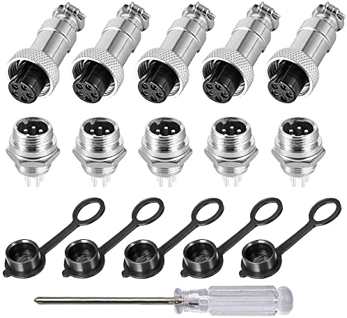 Aiqeer 5 Pcs 5-Pin GX12 Aviation Connector, 12 mm Thread Panel Metal Aviation Cable Connector, 5A Male Female Aviation Connector Plug Socket Kit, with Rubber Cap and Phillips Screwdriver