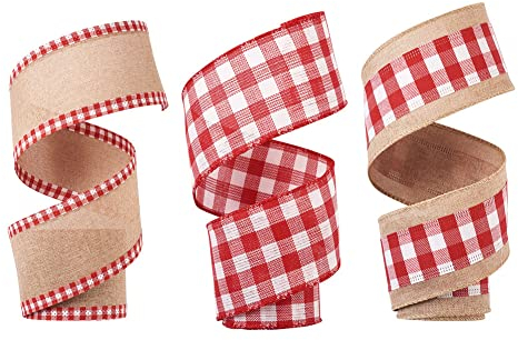 Pandahall - Lot de 3 rouleaux de ruban en toile de jute à carreaux de buffle - 6,5 cm de large - Rouge - Pour emballage de cadeaux, couronne, nœuds, décoration de fête - Blanc et noir