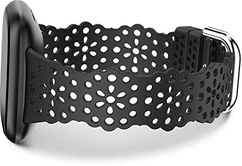 TOYOUTHS Lace Silikon Armband Kompatibel mit Fitbit Versa 4/Fitbit Versa 3/Fitbit Sense 2/Sense Armband, Frauen Weich Sport Solo Loop Blume Ausschnitt Spitze Ersatzarmband für Versa 3, Schwarz
