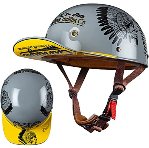 Casquette De Baseball Moto Casque Demi Vintage Casque Jet Demi Coque Mobylette Bols Casque Dot/ECE Homologué Pilote Casque De Scooter À Visage Ouvert pour Hommes Femmes H,M=57-58cm