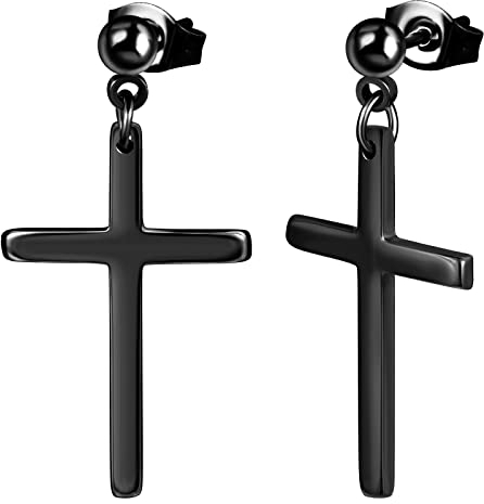feilok Edelstahl Damen Herren Ohrstecker Ohrringe für Männer Piercing Stecker Kreuz Anhänger Schwarz