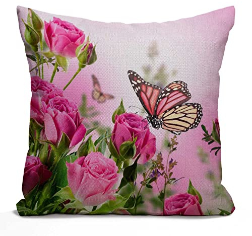 Tomda Flower Decor Butterfly Fliying on The Pink Rose Cotton Linen Square Throw Waist Pillow Case Decorative Cushion Cover Pillowcase Sofa 45x45cm 18x18 Inch