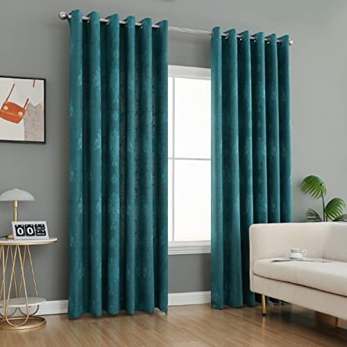 PRIME LINENS Curtain for Living Room Ring Top Jacquard Fully Lined Modern Panels Eyelet Curtain for Bedroom Window with 2 Free Tie Backs (Teal, W 46 x L 54)