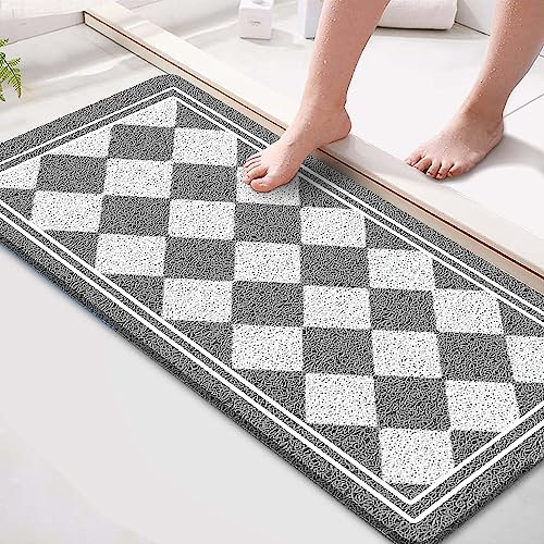 Rutschfeste Badewannenmatte ohne Saugnäpfe, 39 x 91 cm, mit Ablauflöchern, PVC-Luffa-Massage-Badematte für Dusche, Badezimmer, Nassbereiche, schnell trocknend, grau, geometrisch