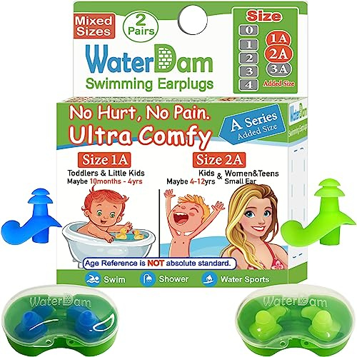 WaterDam A-Series Swim Earplugs, Ultra Comfortable, Great Waterproof Earplugs, Various Sizes, Size 1A+2A: Kids & Small Ladies Ears and Teens (Teal)
