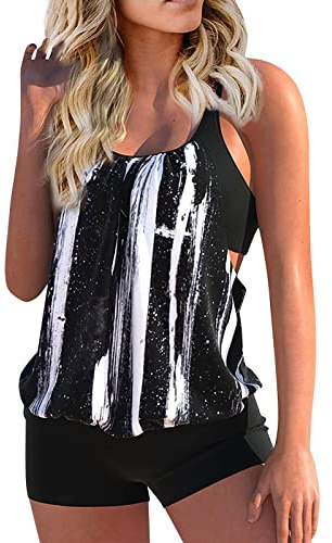 Tankini Maillot De Bain Femme 2 Pieces Sexy Maillot De Bain Imprimé HawaïEn pour Cacher Le Ventre Push Up Rembourré