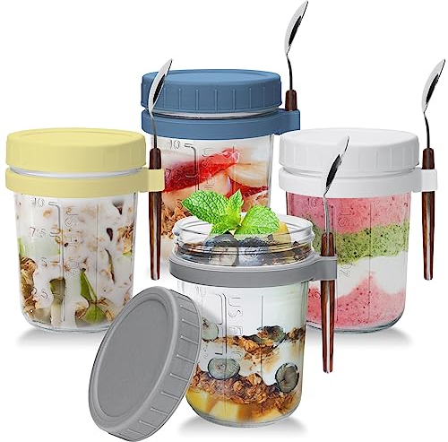 UHAPEER Juego de 4 tarros de avena con tapa y cuchara, Overnight Oats Jar 350ML, Tarros de Cristal con Tapa y Cuchara, vasos tarros mason para yogur, gachas, copos de maíz, muesli