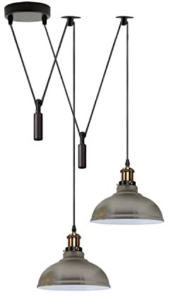 LEDSone Pendelleuchte, Schirm, 2-flammig, Deckenspinne, Metall, verstellbar, 195 cm Kabel, Vintage-Edison-Sockel mit E27-Glühbirne, industrielle Retro-Beleuchtung, Insellampe (Satiniertes Nickel)