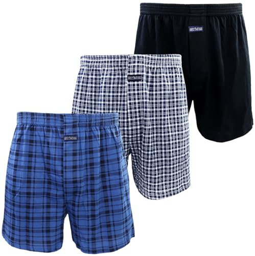 Kacouni 3 Paia Boxer Larghi Uomo 100% Cotone Maglieria Morbido Confortevole Traspirante Boxer a Pantaloncino (M, 3X Mix01(Nero/Blu Plaid))