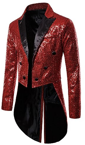 Alvivi Herren Zirkus Kostüm Zirkusdirektor Uniform Pailletten Frack Jacke Mantel Glitzer Blazer Show Tanzkostüm Mottoparty Outfits Rot S