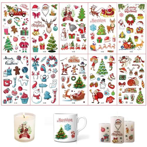 Vordpe 10 Bögen Kerzentattoos Weihnachten Deko, Kerzenfolie Wassertransferdruck, für DIY Kerzen Tattoo Wasserschiebefolie Stabkerzen verzieren Weihnachten Dekoration