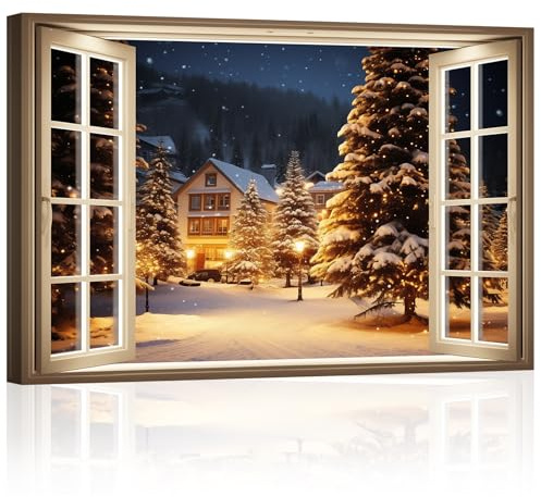 ZXHYWYM Weihnachts Leinwandbilder Winter Schnee Szene Bilddrucke Neujahr Fensteransicht Poster Kunstwerk Heimdekoration gespannt und Gerahmt (Bild-2, (40.00 x 60.00 cms))