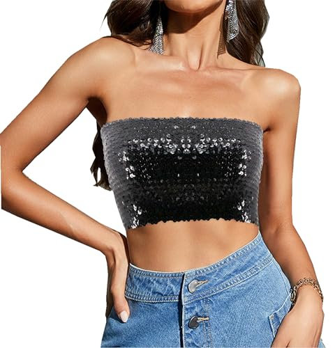 Segreto Damen Glitzer Pailletten Tube Sexy Ärmellos Vintage Bandeau Meerjungfrauen Trägerlos Crop Top Schwarz