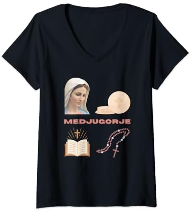 Damen Medjugorje Gottesmutter Eucharistische Bibel Rosenkranz Gebet T-Shirt mit V-Ausschnitt