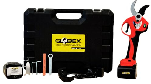 GLOBEX Forbice per Potatura, GX-40-FP, 2 Batterie Litio 18V-4,0Ah, 1050W di Potenza, Caricabatterie a 2 Vie, Chiavi Sostituzione Lama, Pipetta per Lubrificante, Lima, Valigetta per Trasporto