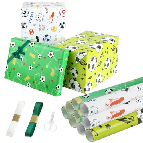 9 Stück Fussball Geschenkpapier - Jungen Verpackungspapier mit 2 Rollen Band und Schere, 70 x 50 cm für Fußball Party, Geburtstag Jungen