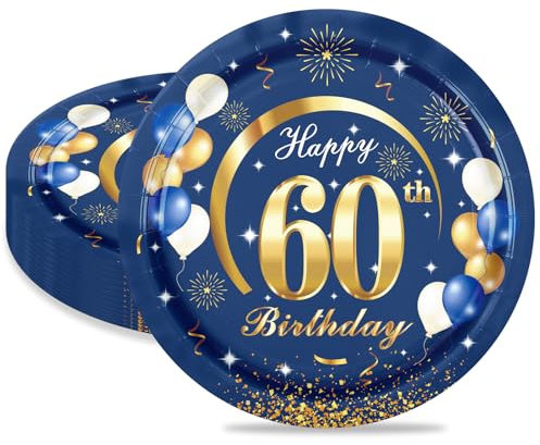 MORAINJAY 16Pcs Birthday Plates for 60,Navy Blue 9inch Paper Plates for 60th Birthday Party, Small Paper Plates for Men Women Her Him,Birthday Party Supplies Table Decor