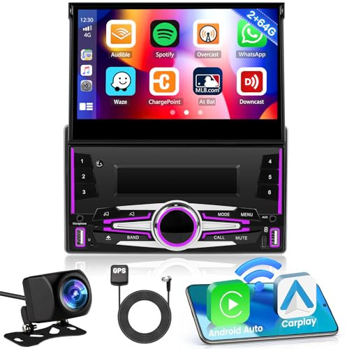 Inefala 2G+64G Autoradio 2 Din Android con Schermo Retrattile da 7 Pollici con Wireless CarPlay Android Auto Touchscreen Stereo Auto Bluetooth con GPS WiFi RDS/FM SWC 2USB+Type-C+AUX Retrocamera Mic